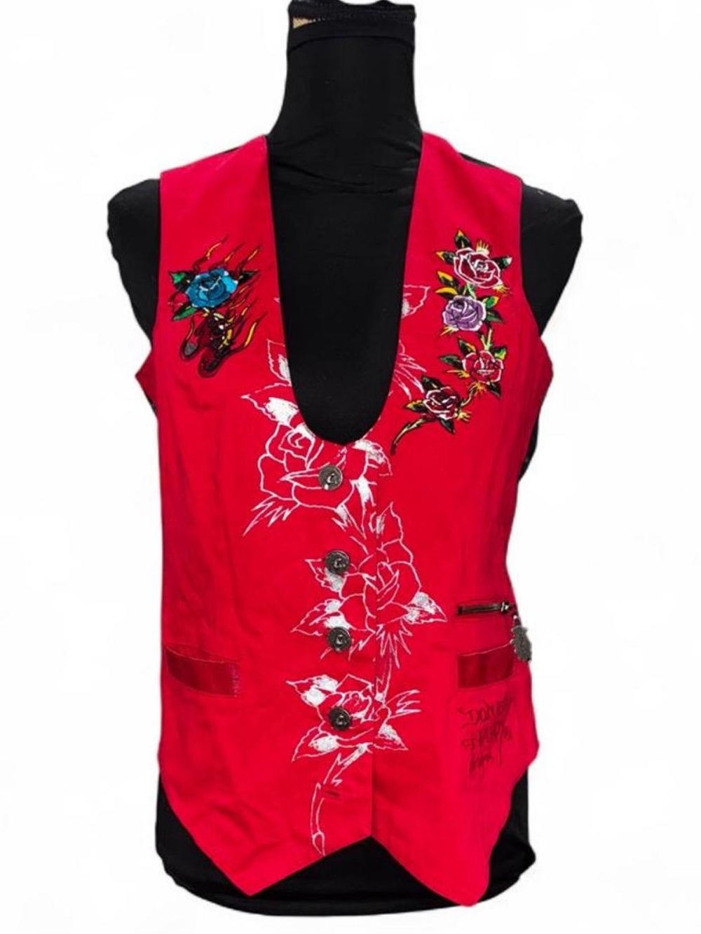 Ed Hardy Red Embroidered Floral Vest Top